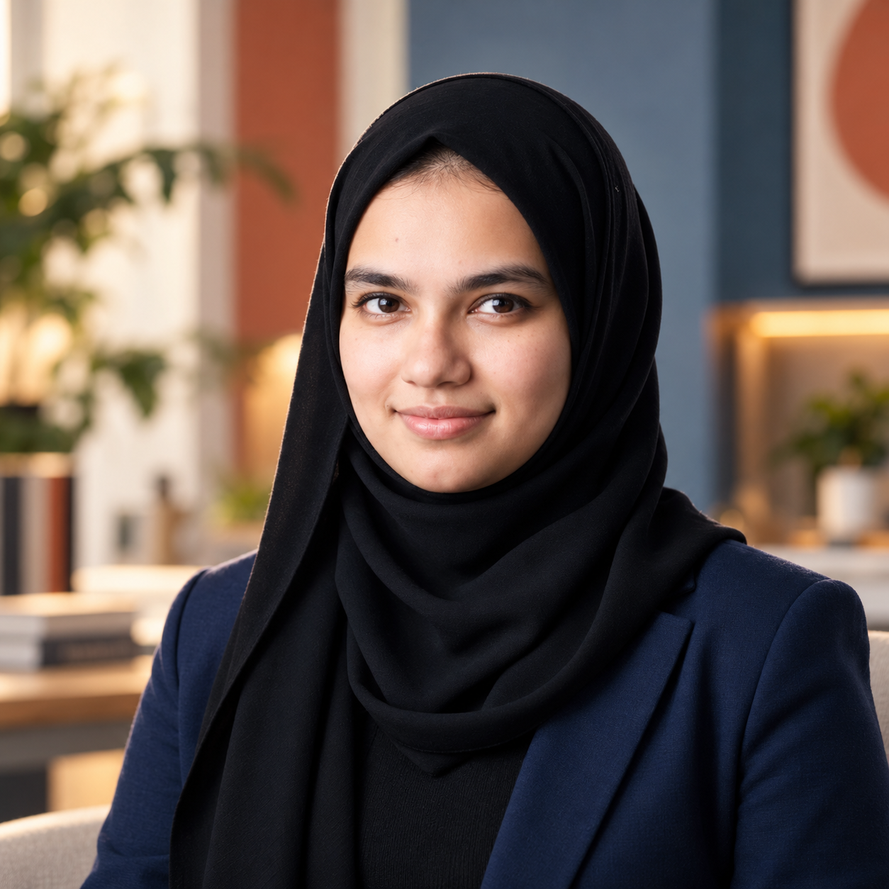 Professional portrait of Sharmin Salma wearing a black hijab and navy blazer